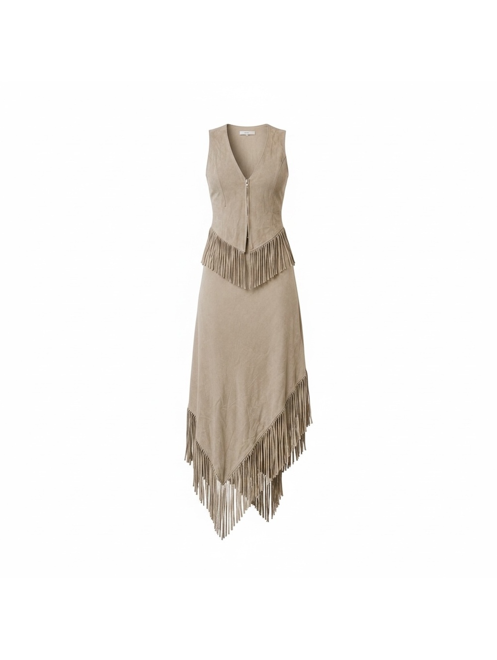 Vintage Cache Genuine Goat Suede Fringe Vest & Maxi Skirt 2 Piece Set Western